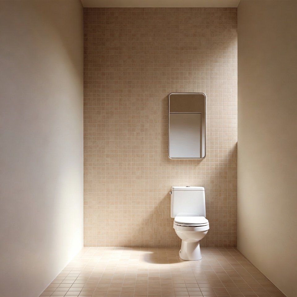 Bathroom with neutral coloured tiles in soft beige and light grey tones creating a calm and balanced design.