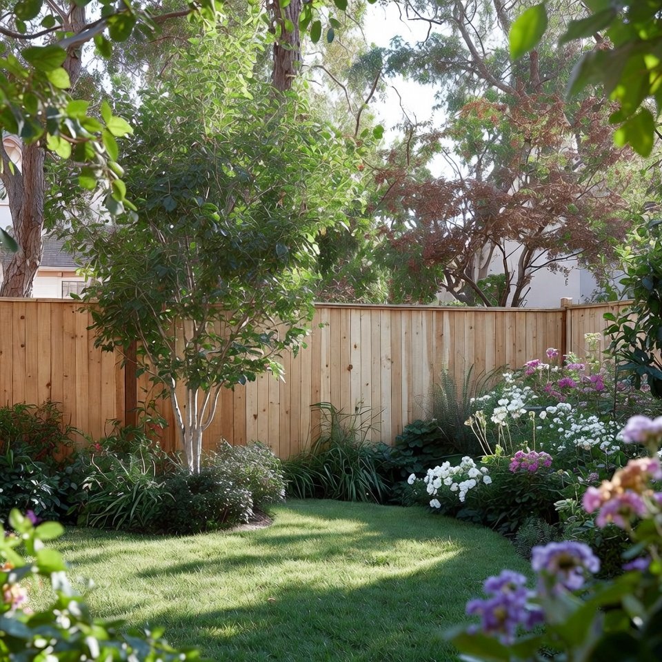 Small backyard garden with vertical wall planters, colorful flowers, and a compact seating area