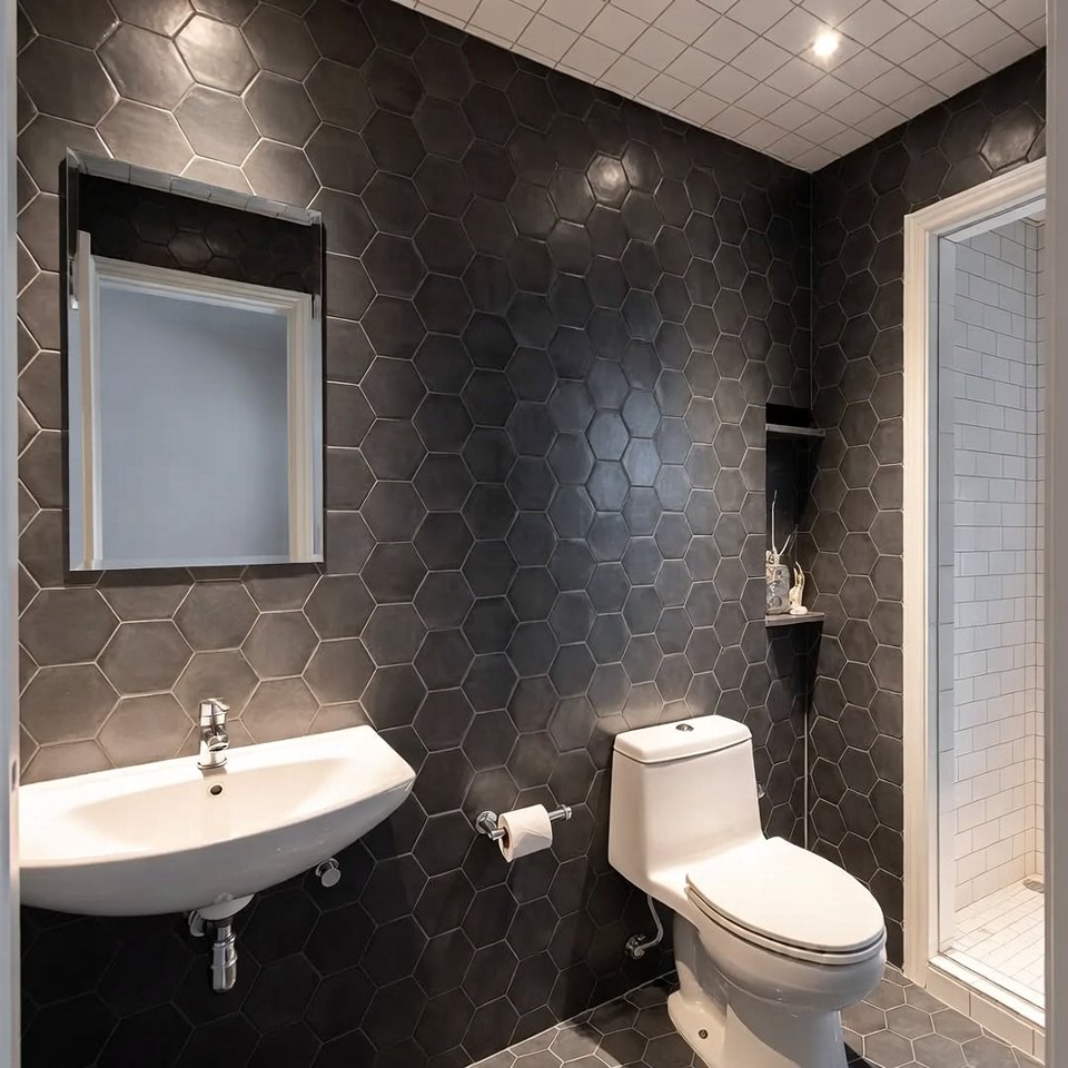 Bathroom with hexagon tiles on the floor creating a modern geometric tile pattern.