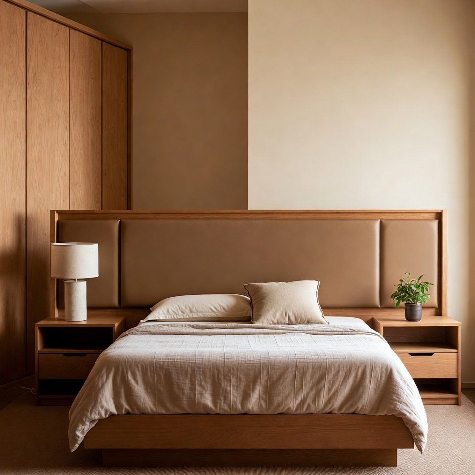 Bedroom with an engineered wood bedroom set featuring a modern bed frame, matching nightstands, and a sleek dresser.