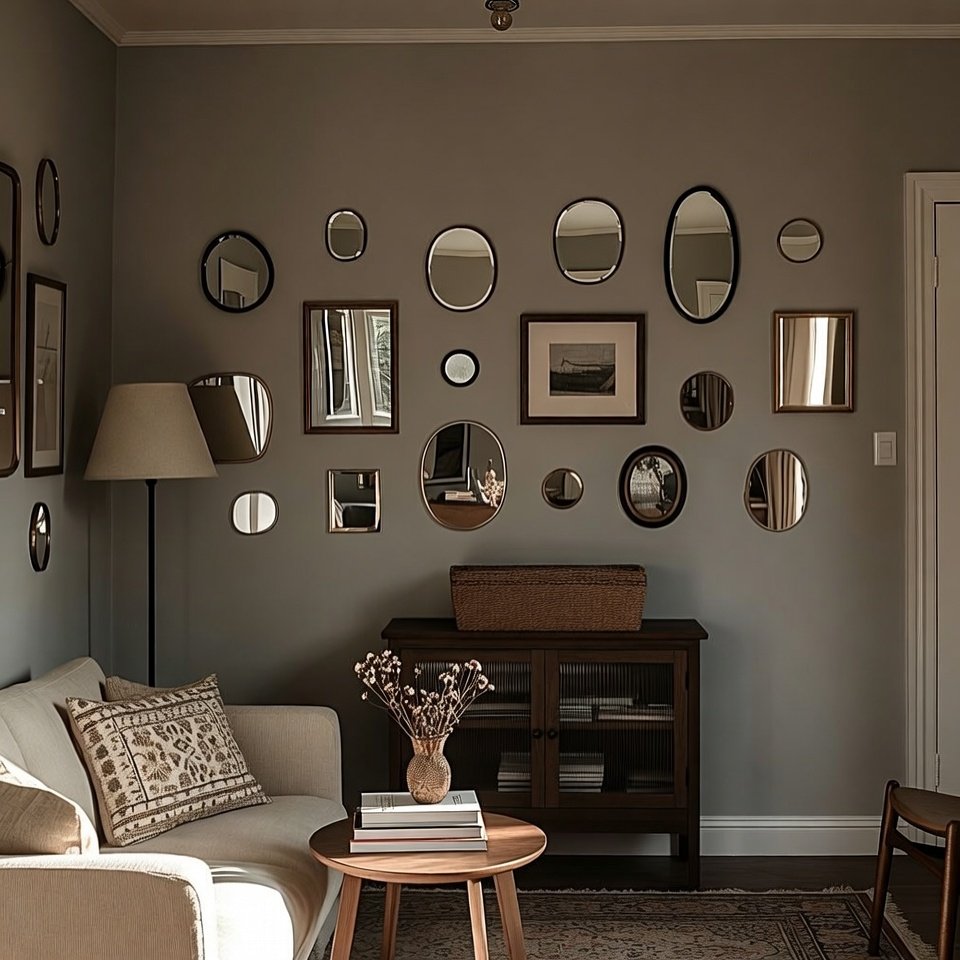 Living room interior with decorative mirrors placed on the wall above the sofa.
