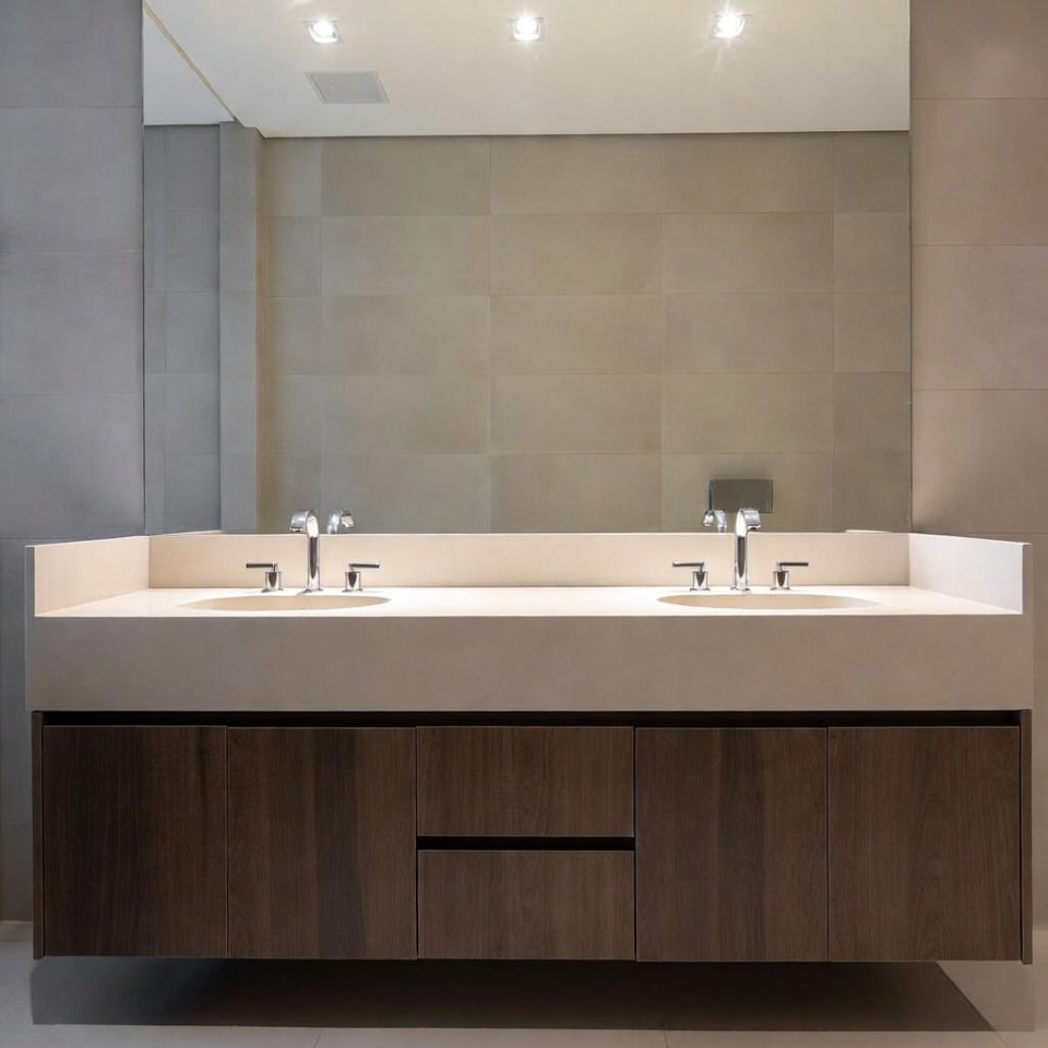 Large modern bathroom vanity with double sinks, spacious countertop, and ample cabinet storage in a contemporary bathroom