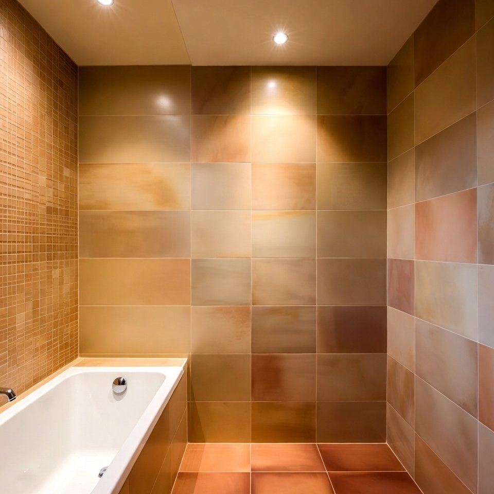 Bathroom interior with earth tone tile design featuring warm beige and brown tiles that create a natural and calming look.