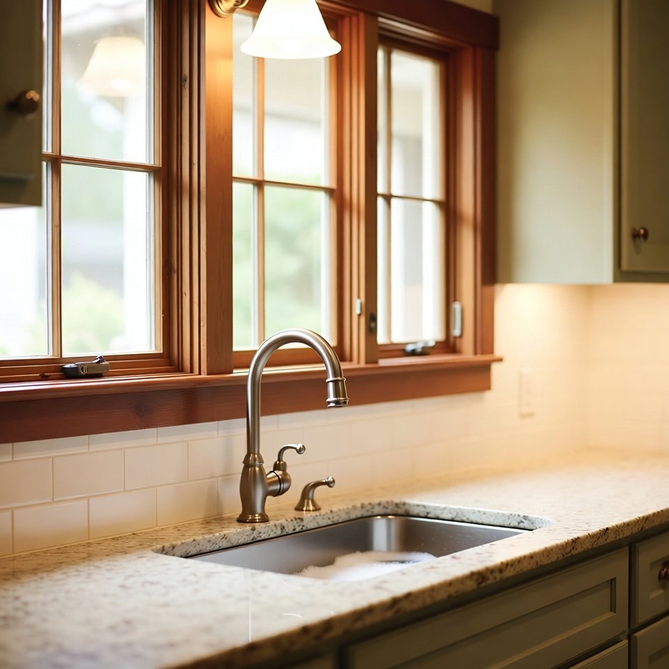 Modern kitchen with an undermount sink installed beneath a stone countertop, featuring sleek cabinetry and a minimalist design.