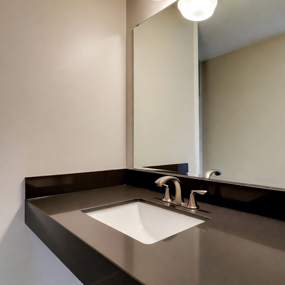 Modern bathroom with an undermount vanity sink, smooth countertop, and clean lines