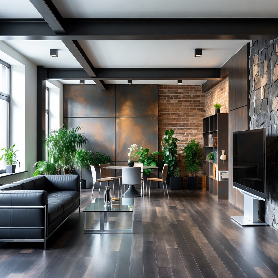 Living room with metal and glass furniture, featuring a mixed material coffee table and modern décor.