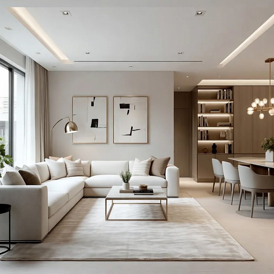 Modern living room design ideas with neutral sofa, wall decor, and stylish furniture layout