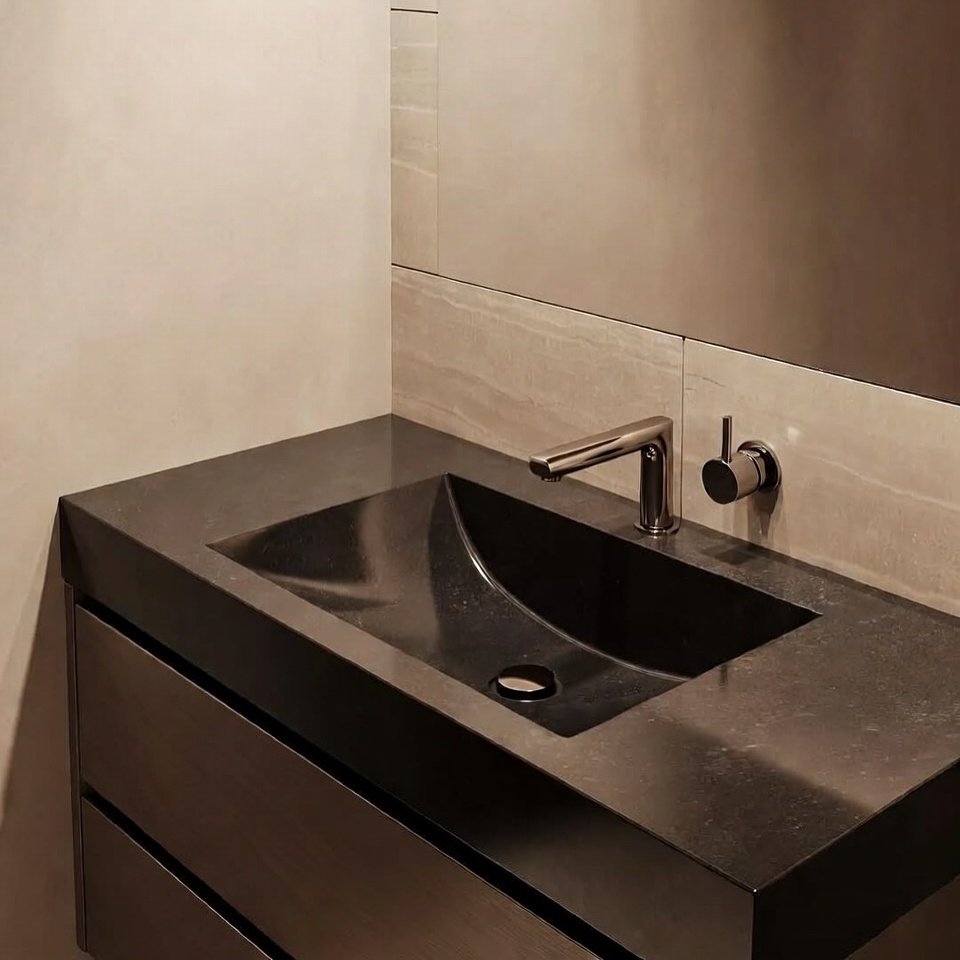 Modern small bathroom vanity with sink, compact cabinet, mirror, and space-saving design in a small bathroom