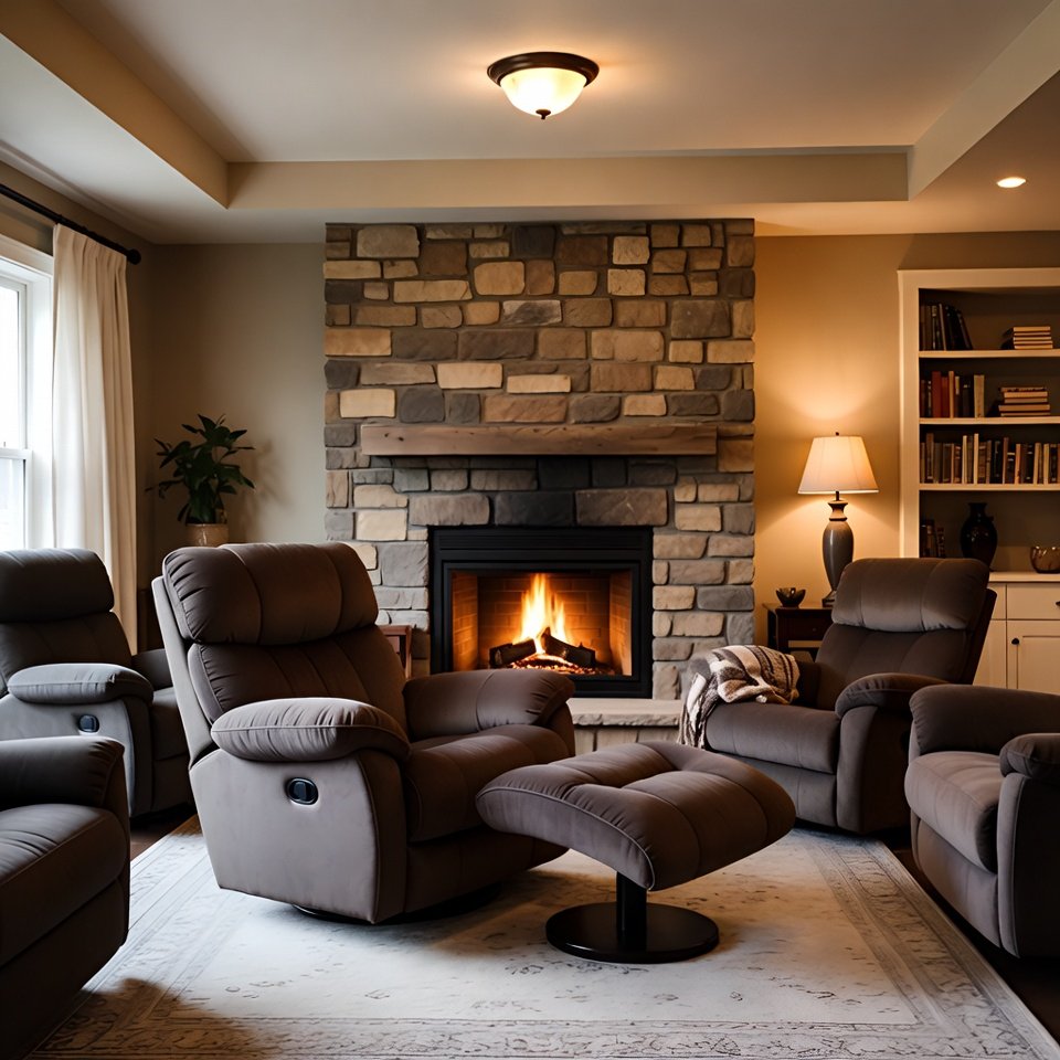 Living room interior with comfortable recliners, soft lighting, and a cozy seating layout.