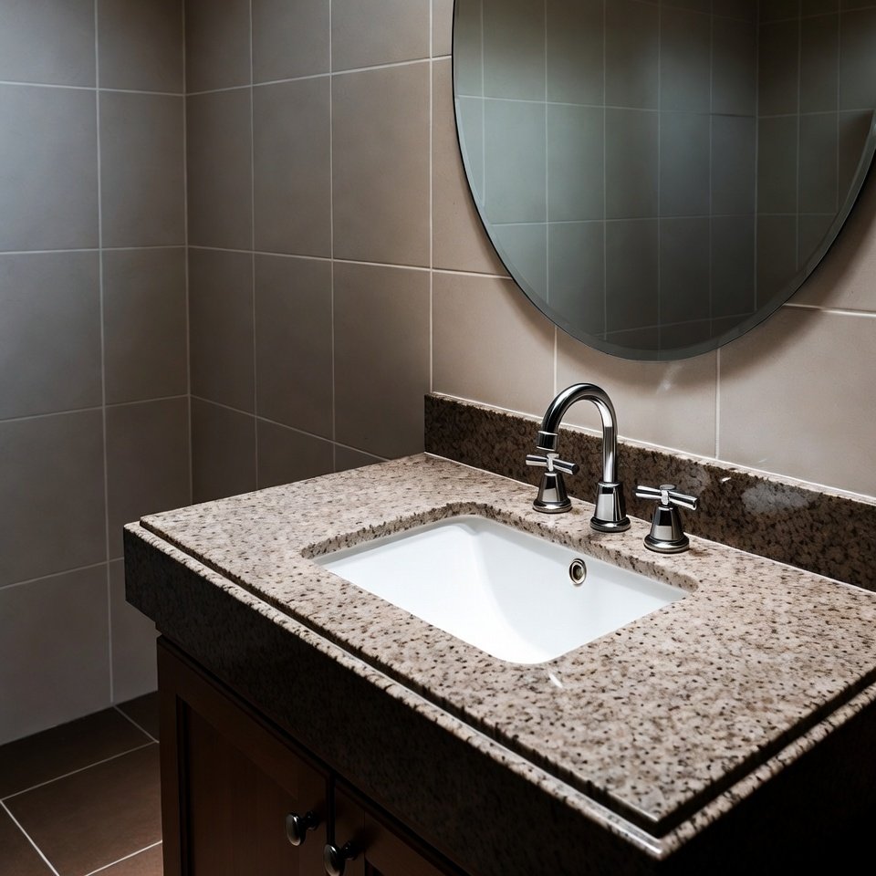 Modern bathroom with a granite countertop vanity, polished surface, and sleek fixtures