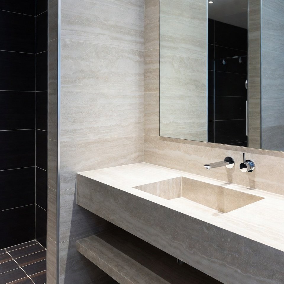 Modern bathroom with an integrated sink vanity, seamless countertop, and clean design