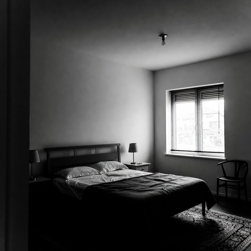 Modern bedroom decorated in black and white tones with minimalist furniture and stylish bedding.