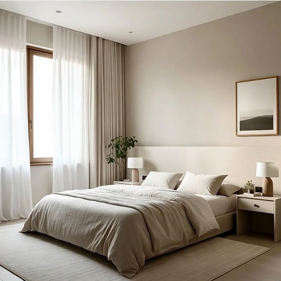 Bedroom with modern light fixtures above the bed, soft ambient lighting, and a clean bedroom layout.