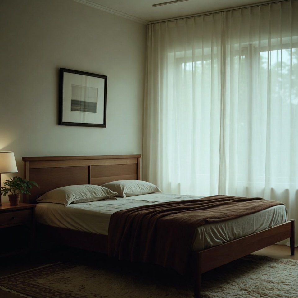 Bedroom with a wooden bed set featuring a solid wood bed frame, matching nightstands, and a wooden dresser.