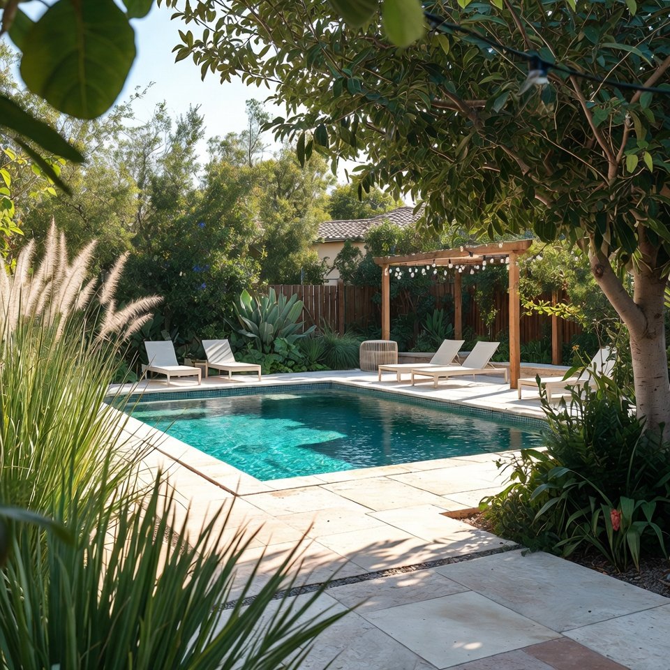 Backyard with a swimming pool, patio seating area, and surrounding garden plants.