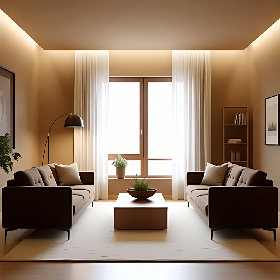 Living room with track arm sofas, neutral decor, and a simple coffee table in a modern interior.