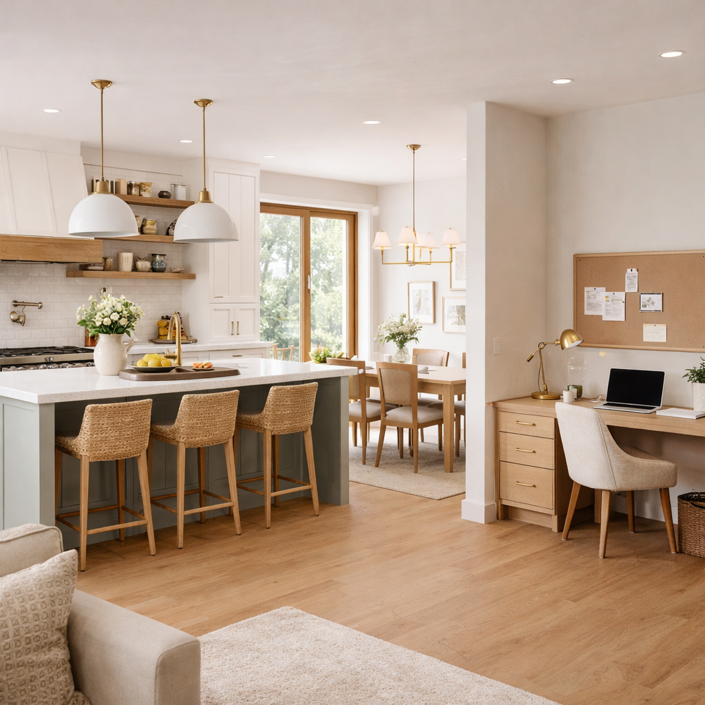 Open kitchen with separate cooking, dining, and working zones, featuring an island, dining table, and home office desk.