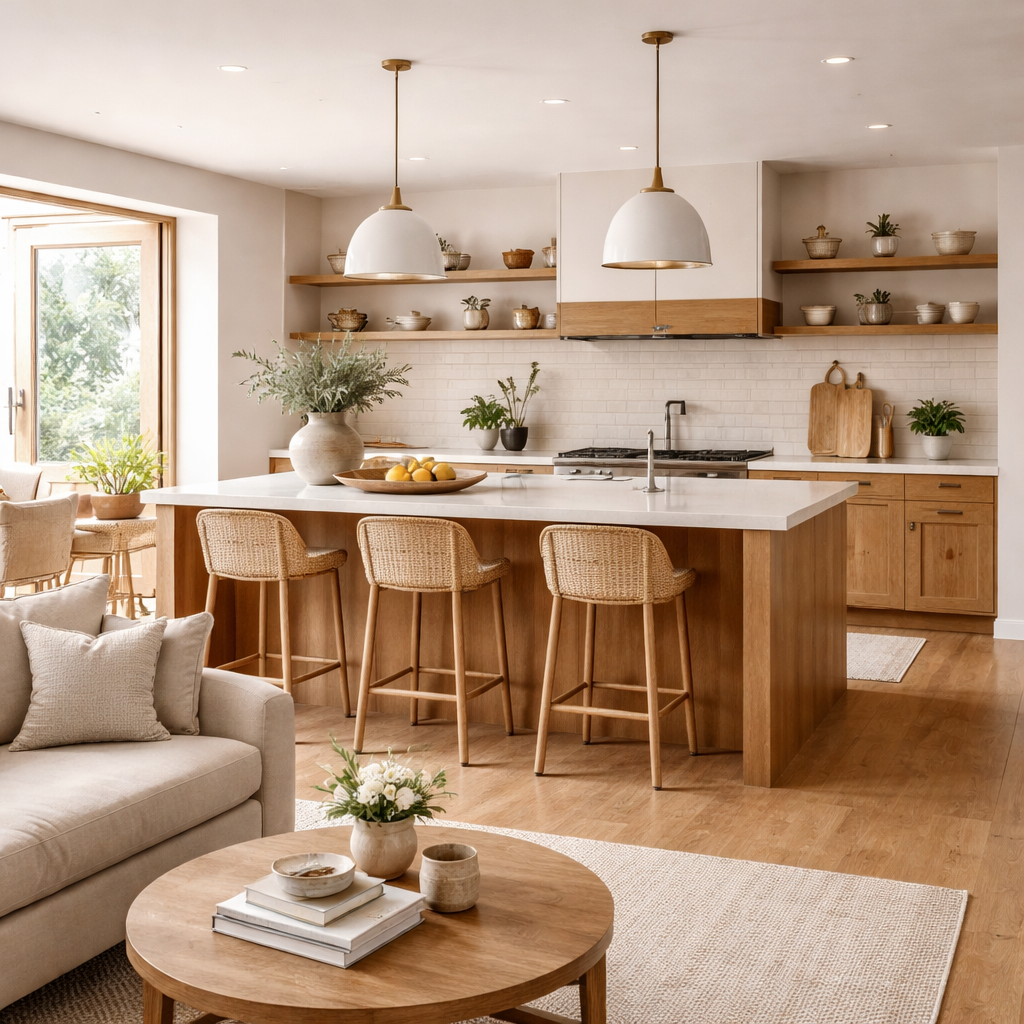 Open layout kitchen with large island, wooden cabinets, woven bar stools, and seamless connection to a cozy living area.