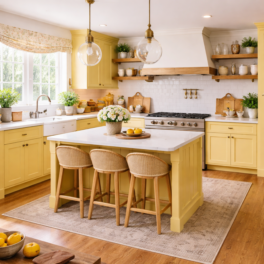 Bright kitchen with yellow cabinets, white island countertop, pendant lighting, and wooden bar stools