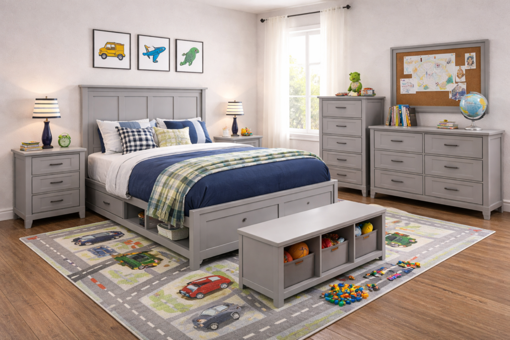 Full bedroom sets for kids with storage bed, nightstand, dresser, and toy storage in a playful design