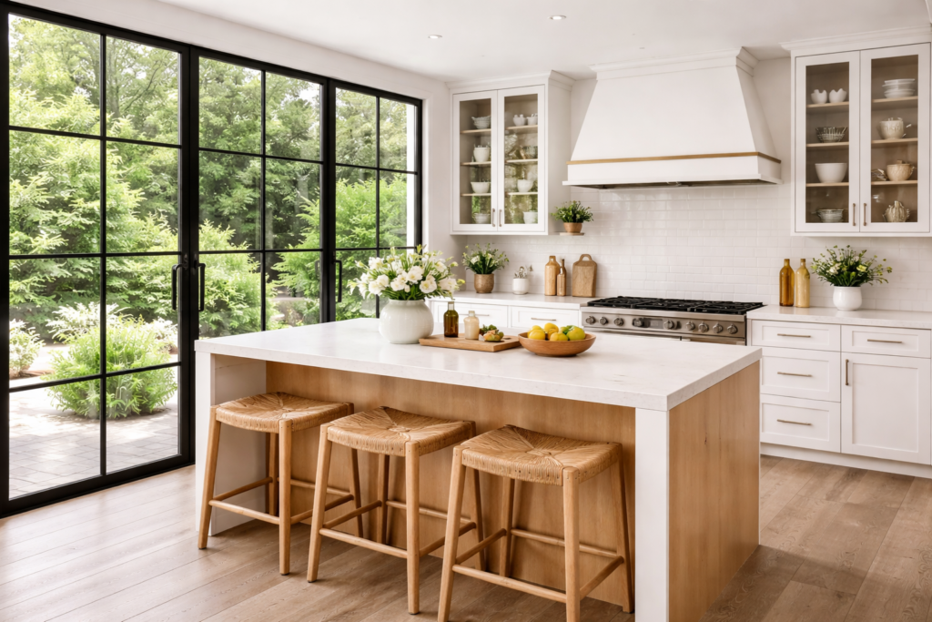 modern kitchen with large glass windows, white cabinets, and wooden island seating