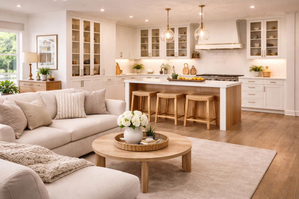 open plan kitchen with living area, beige sofa, wooden coffee table, and modern island