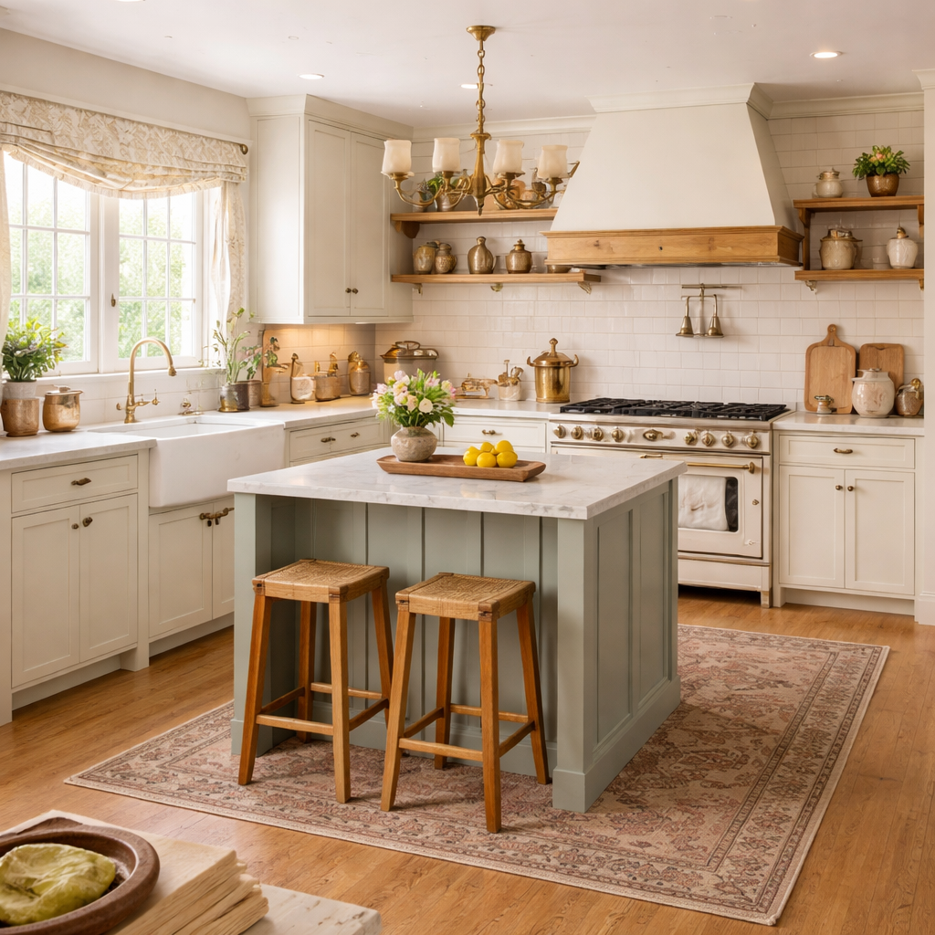 Vintage style kitchen with cream cabinets, brass fixtures, farmhouse sink, and a classic island with wooden stools.