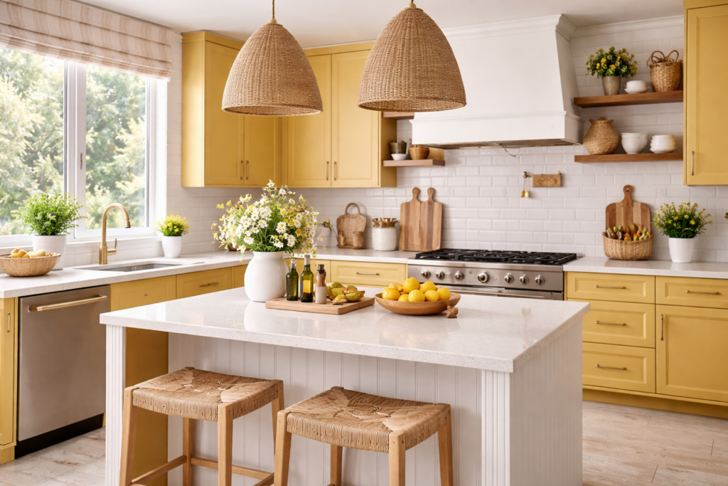 yellow kitchen with white island, wooden stools, and modern open shelving