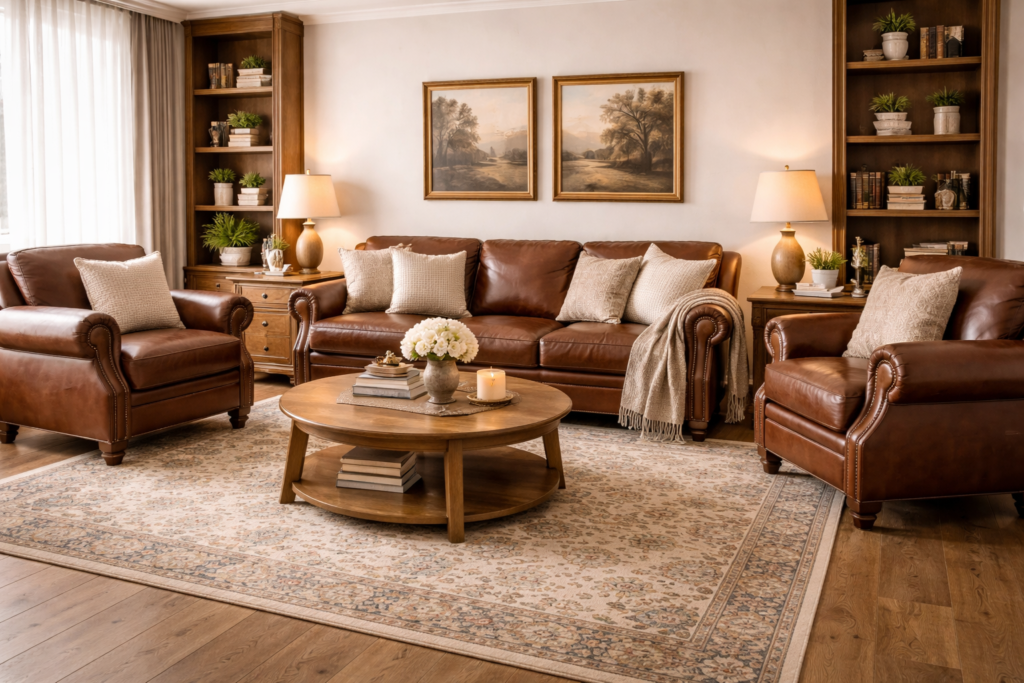 warm living room ideas with vintage leather sofa, classic armchairs, wooden furniture and warm lighting