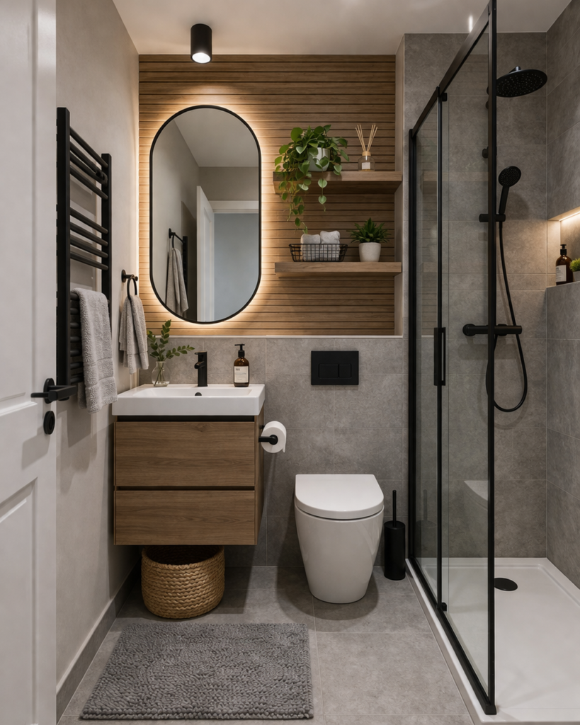 Stylish small bathroom with walk-in shower, floating vanity, round mirror, and warm lighting