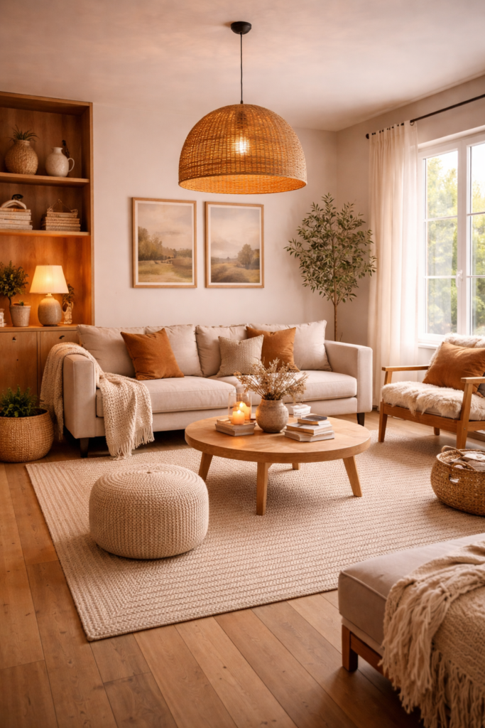 warm living room ideas with Scandinavian design, neutral tones, light wood furniture and cozy textured decor