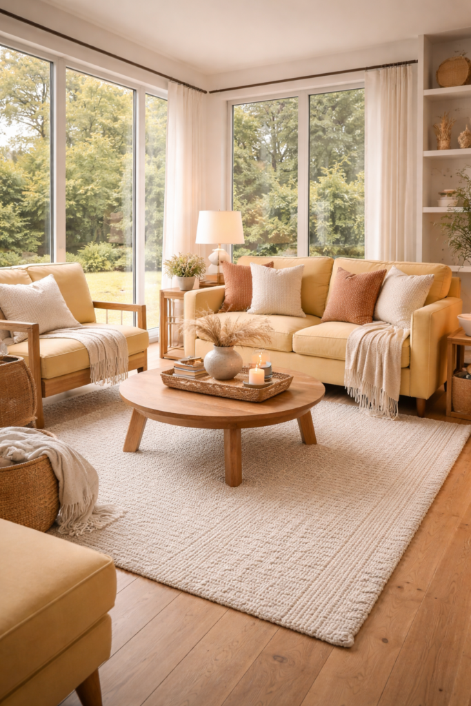 warm living room ideas with glass walls, yellow sofas, natural light and cozy neutral decor
