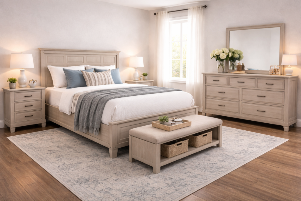 Queen bedroom sets with wooden bed, matching nightstands, dresser, and bench in a bright modern bedroom