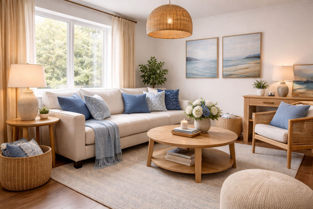 Warm living room ideas for small spaces with blue color theme, compact sofa, and natural wood furniture