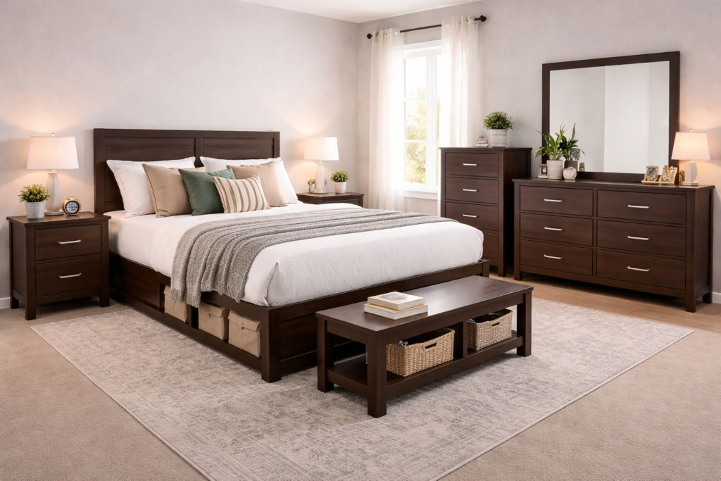 Budget bedroom sets with simple wooden bed, nightstands, dresser, and coffee table in an affordable modern setup