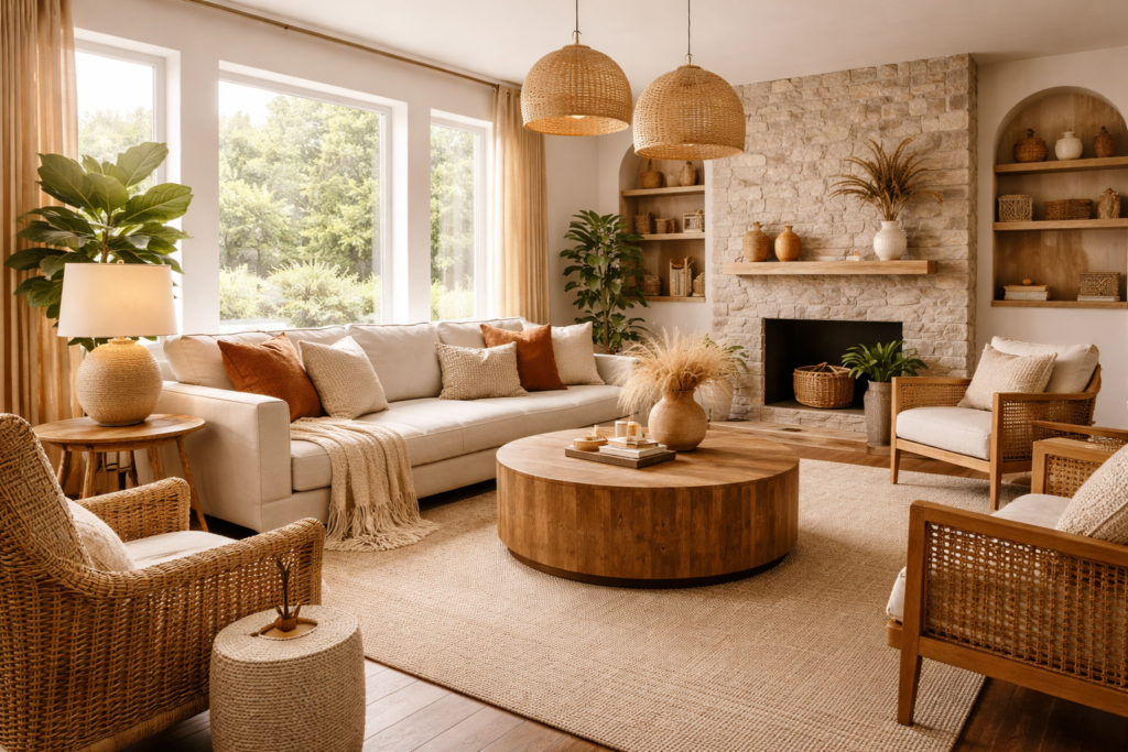 Warm living room ideas with natural materials, wooden furniture, woven chairs, and neutral tones