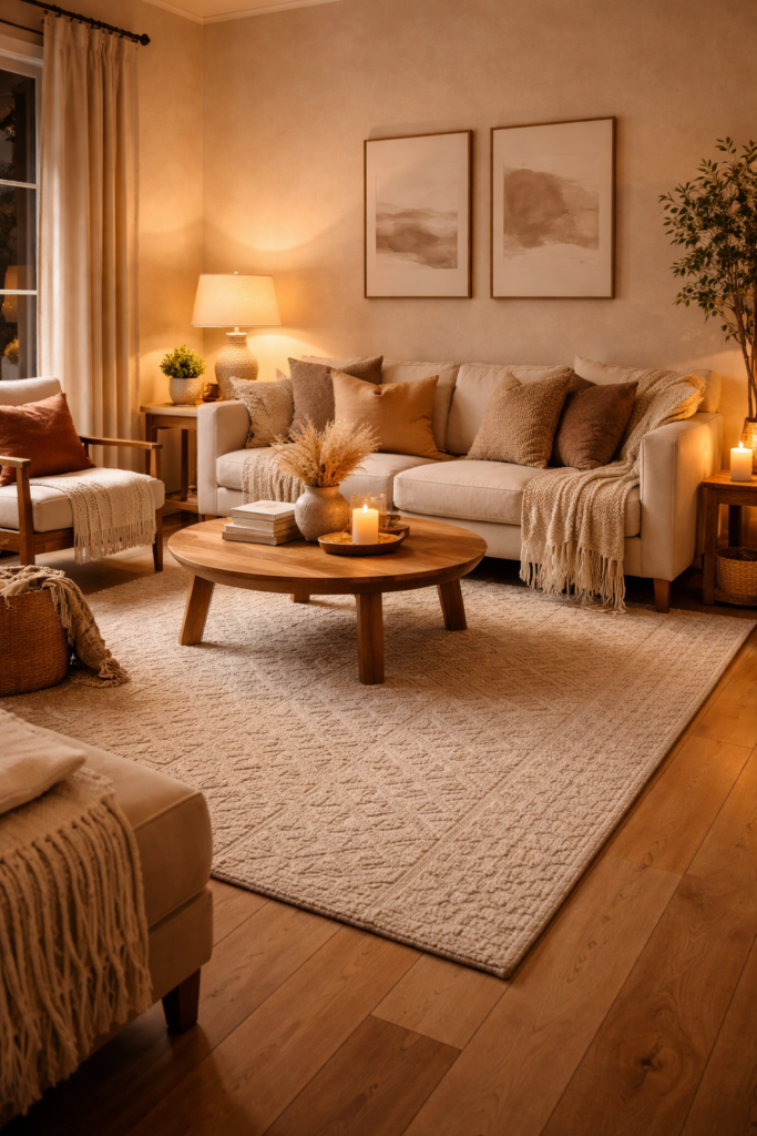 warm living room ideas with soft textiles, cozy rug, warm lighting and neutral sofa