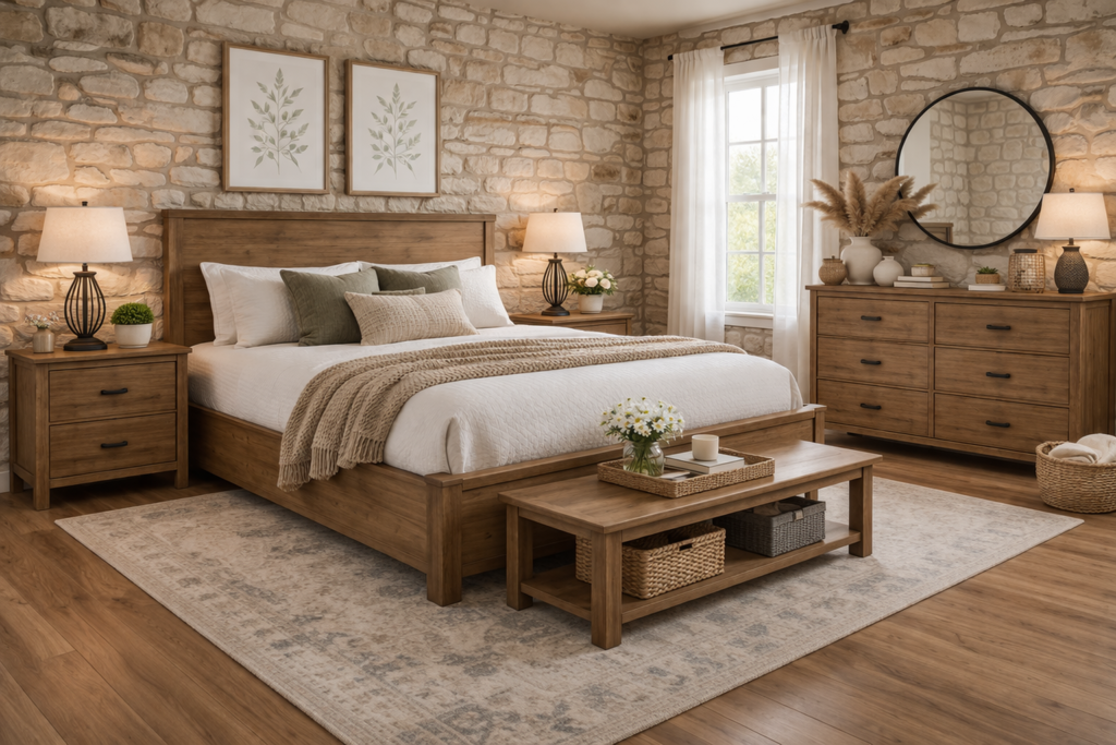 Farmhouse wood bedroom sets with stone wall, wooden bed, nightstands, dresser, and coffee table in earth tone design