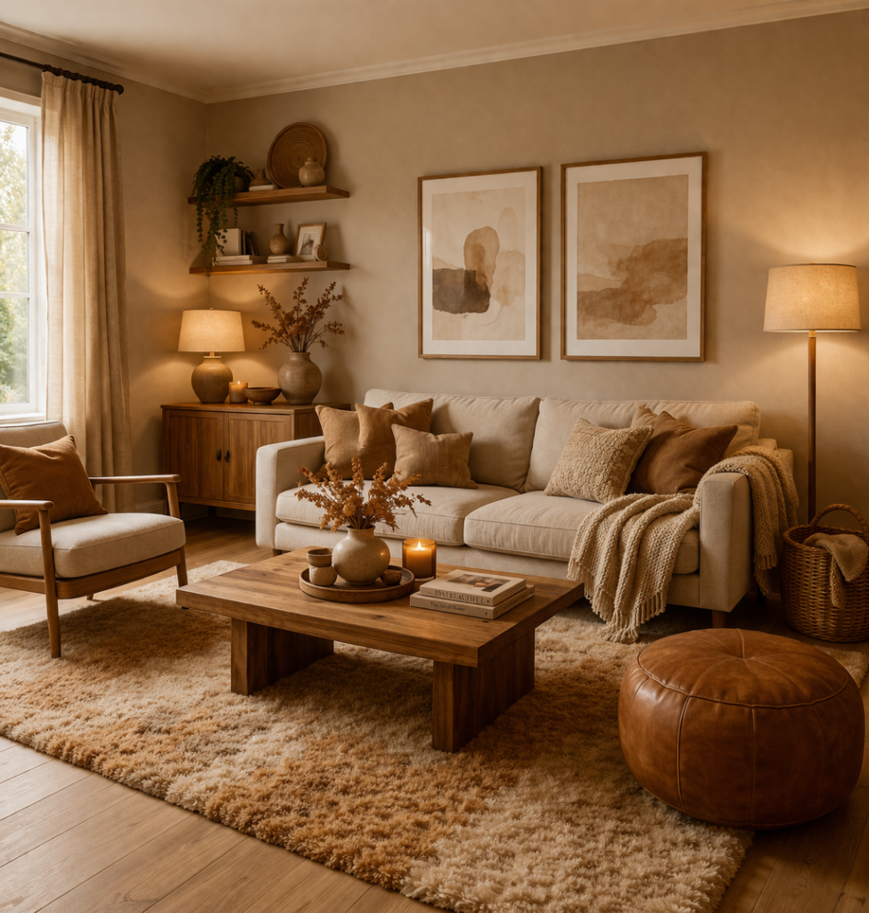 warm living room ideas with beige and caramel tones, cozy sofa, wooden coffee table and soft warm lighting