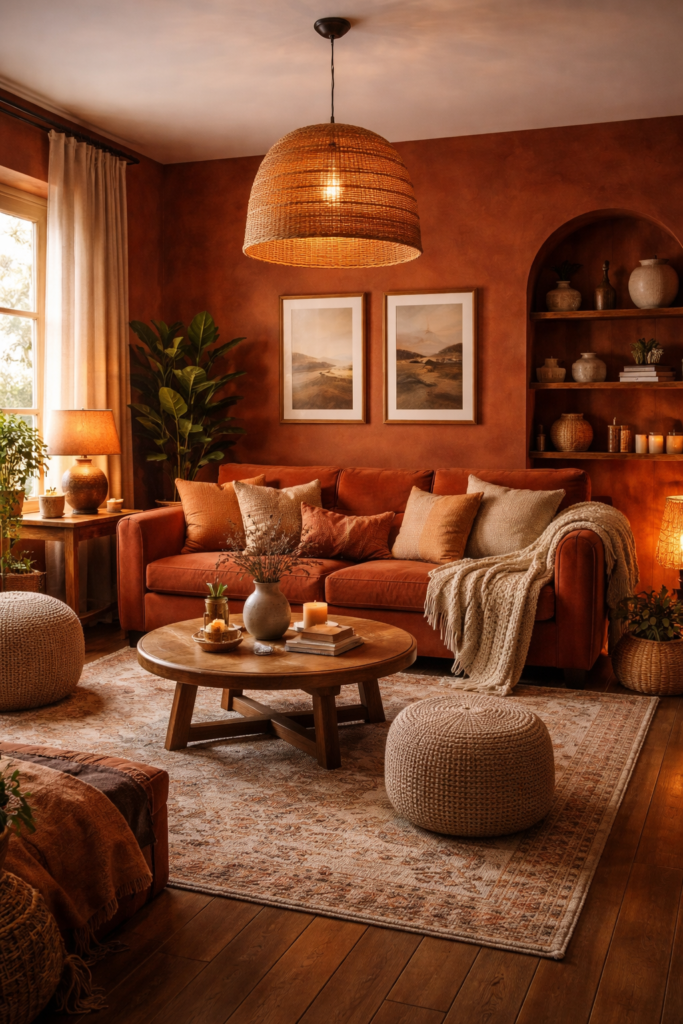 warm living room ideas with rust tone sofa, cozy textures, wooden coffee table, soft lighting and earthy decor