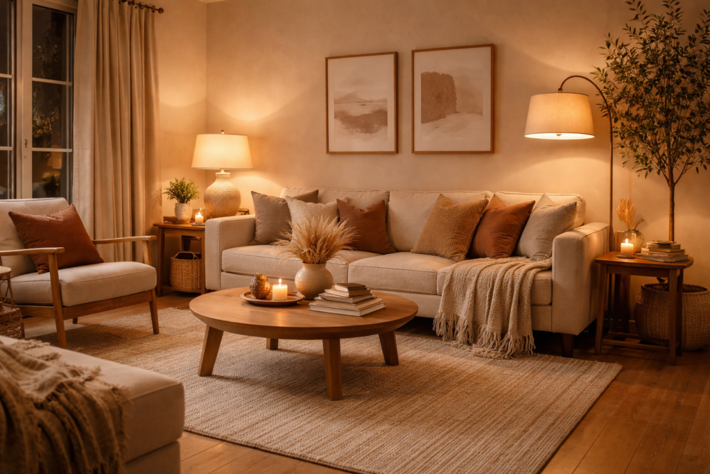 warm living room ideas with layered lighting, table lamps, floor lamp, cozy neutral sofa and wooden coffee table