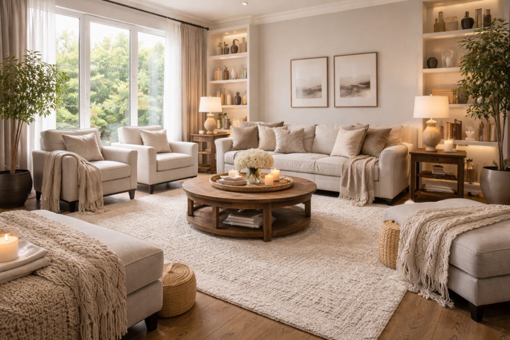 warm living room ideas with large layout, layered rugs, cozy throws and soft neutral textures