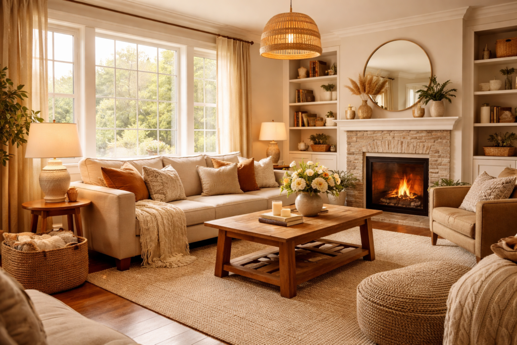 Warm living room ideas with beige sofa, wooden coffee table, soft lighting, and cozy fireplace setup