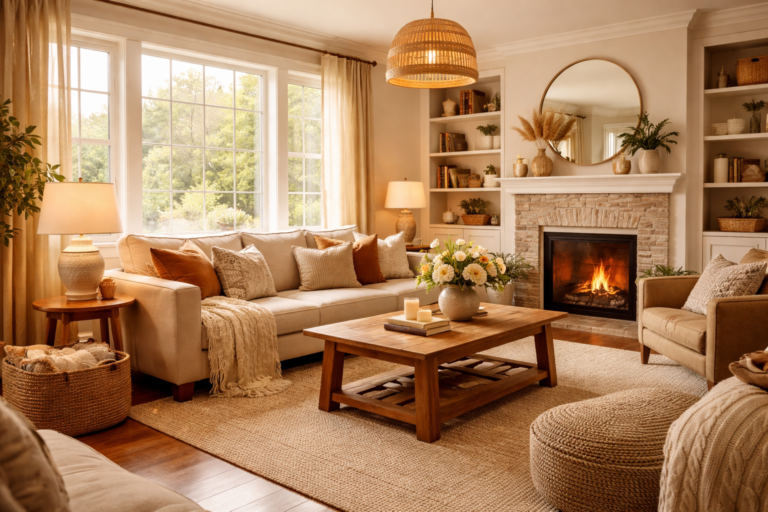Warm living room ideas with beige sofa, wooden coffee table, soft lighting, and cozy fireplace setup