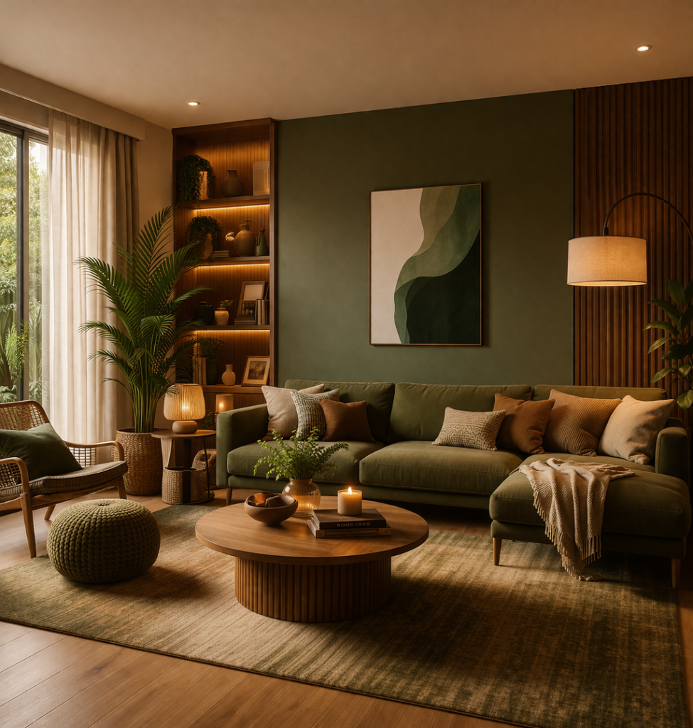 warm living room ideas with green tone walls, cozy neutral sofa, wooden furniture and soft ambient lighting