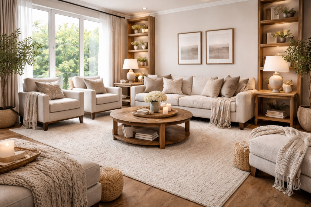 warm living room ideas with wood furniture, linen sofa and cotton textiles in a cozy neutral space