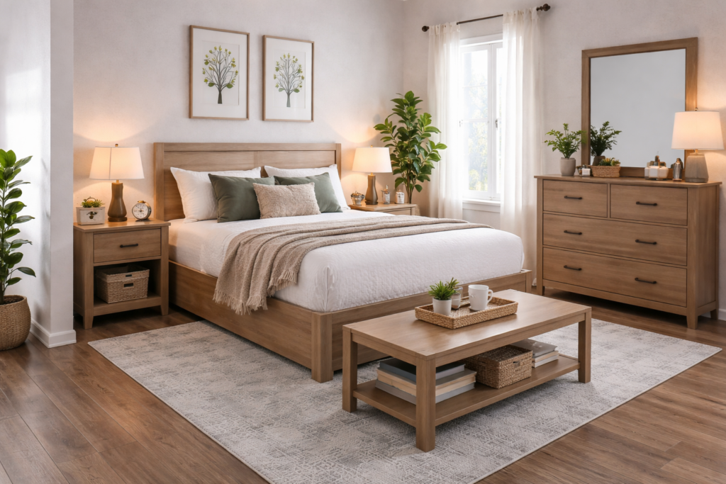 Bedroom sets for small rooms with coffee table, compact bed, nightstands, and dresser in a space-saving layout