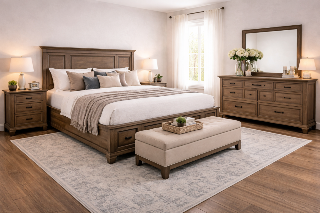 King bedroom sets with wooden bed, matching nightstands, dresser, and bench in a spacious modern bedroom