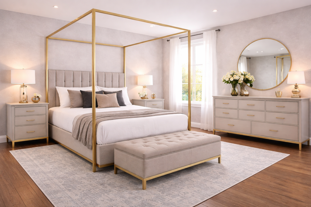 Bedroom sets with canopy bed featuring upholstered frame, nightstands, dresser, and bench in a modern luxury design