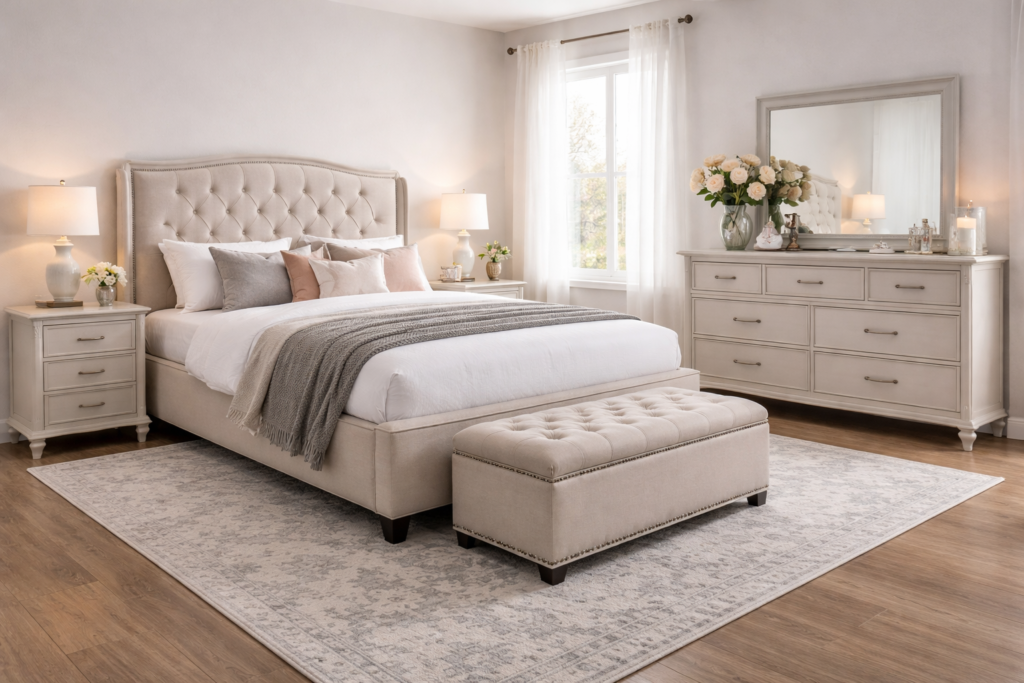 Upholstered bedroom sets with tufted bed, matching nightstands, dresser, and bench in a soft neutral design